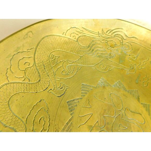 Vintage Chinese Brass Water Gong Decorative Bowl Serpents Dragons 12" - Picture 5 of 7